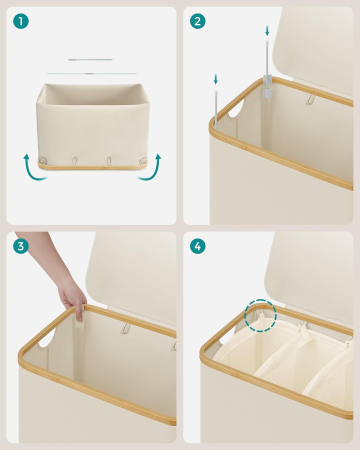 Cos de rufe textil, pliabil, cu 3 compartimente detasabile, 150L, 60x39x71 cm, crem [2]