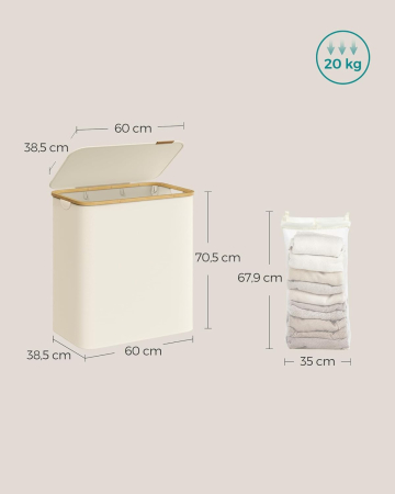 Cos de rufe textil, pliabil, cu 3 compartimente detasabile, 150L, 60x39x71 cm, crem [1]