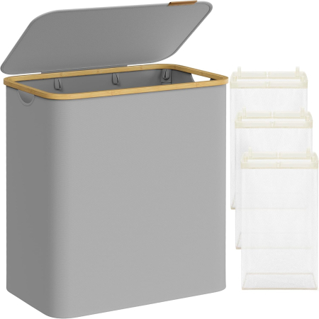 Baie - Cos de rufe textil, pliabil, cu 3 compartimente detasabile, 150L, 60x39x71 cm, gri