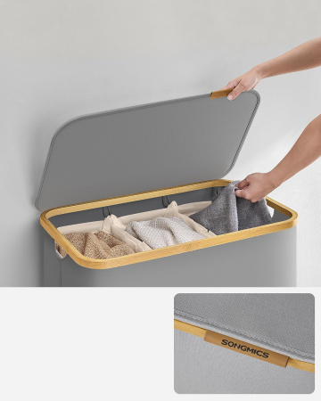 Cos de rufe textil, pliabil, cu 3 compartimente detasabile, 150L, 60x39x71 cm, gri [7]
