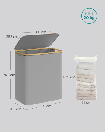 Cos de rufe textil, pliabil, cu 3 compartimente detasabile, 150L, 60x39x71 cm, gri [1]