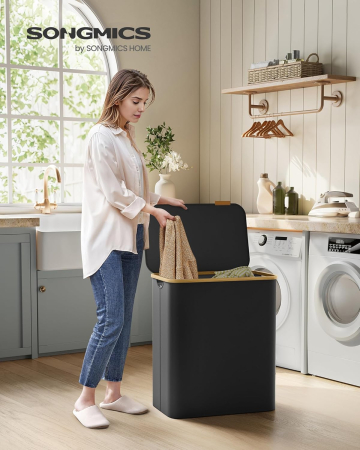 Cos de rufe textil, pliabil, cu 3 compartimente detasabile, 150L, 60x39x71 cm, negru [2]