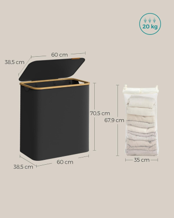 Cos de rufe textil, pliabil, cu 3 compartimente detasabile, 150L, 60x39x71 cm, negru [5]