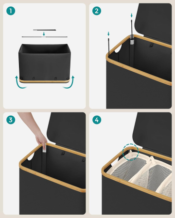 Cos de rufe textil, pliabil, cu 3 compartimente detasabile, 150L, 60x39x71 cm, negru [8]