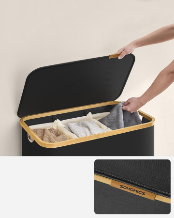 Cos de rufe textil, pliabil, cu 3 compartimente detasabile, 150L, 60x39x71 cm, negru [4]