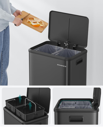 Cos gunoi metalic, 2 compartimente, 2x15 litri, pedala si inchidere silentioasa, negru [2]