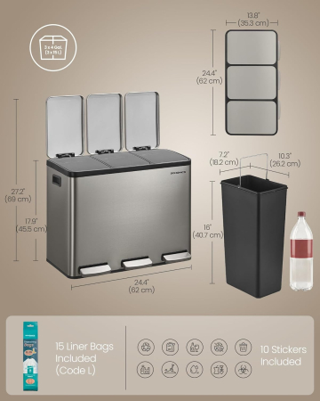 Cos reciclare 3 compartimente 45 L, galeti detasabile cu maner si capace soft close, inox, 46x35x62 cm, argintiu [3]