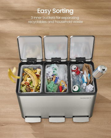 Cos reciclare 3 compartimente 45 L, galeti detasabile cu maner si capace soft close, inox, 46x35x62 cm, argintiu [7]