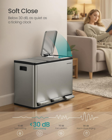 Cos reciclare 3 compartimente 45 L, galeti detasabile cu maner si capace soft close, inox, 46x35x62 cm, argintiu [1]