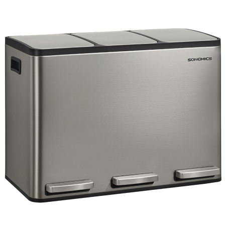 Bucatarie - Cos reciclare 3 compartimente 45 L, galeti detasabile cu maner si capace soft close, inox, 46x35x62 cm, argintiu