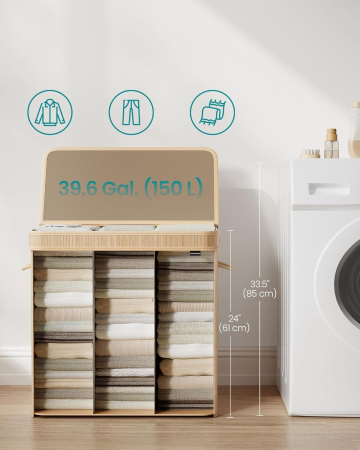 SONGMICS Cos rufe 63x42x61 cm, 150L, pliabil cu capac si sac lavabil, bambus si textil, bej natur [4]