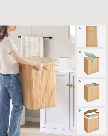 SONGMICS Cos rufe 63x42x61 cm, 150L, pliabil cu capac si sac lavabil, bambus si textil, bej natur [5]