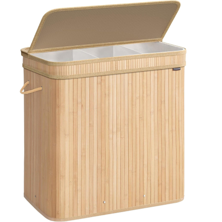 Baie - SONGMICS Cos rufe 63x42x61 cm, 150L, pliabil cu capac si sac lavabil, bambus si textil, bej natur