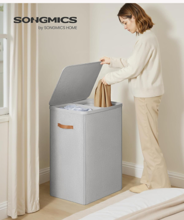 SONGMICS Cos rufe cu 2 compartimente si capac, saci detasabili cu maner, 170 litri, 56x40x75 cm, gri [1]