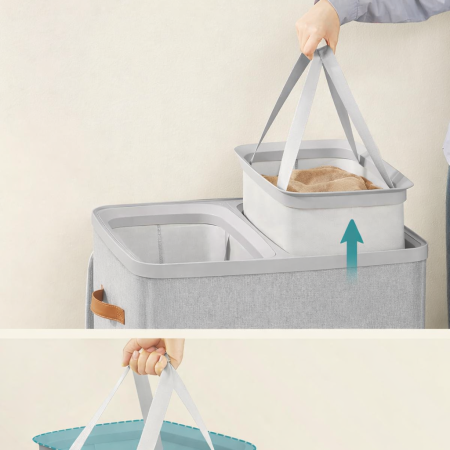 SONGMICS Cos rufe cu 2 compartimente si capac, saci detasabili cu maner, 170 litri, 56x40x75 cm, gri [4]