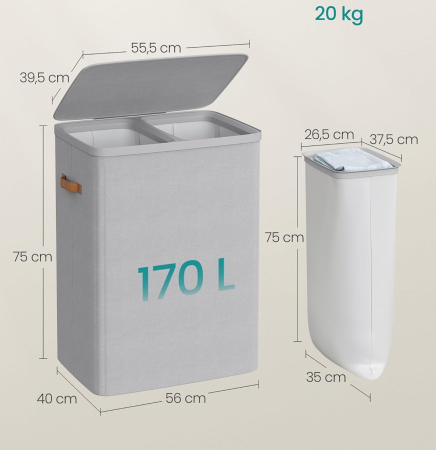 SONGMICS Cos rufe cu 2 compartimente si capac, saci detasabili cu maner, 170 litri, 56x40x75 cm, gri [3]