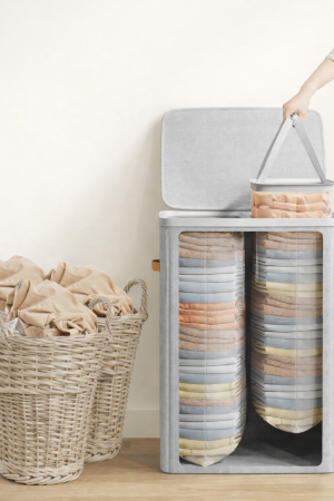 SONGMICS Cos rufe cu 2 compartimente si capac, saci detasabili cu maner, 170 litri, 56x40x75 cm, gri [2]