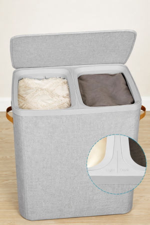 SONGMICS Cos rufe cu 2 compartimente si capac, saci detasabili cu maner, 170 litri, 56x40x75 cm, gri [5]