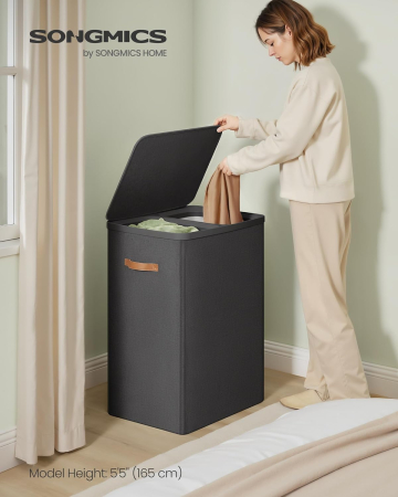 SONGMICS Cos rufe cu 2 compartimente si capac, saci detasabili cu maner, 170 litri, 56x40x75 cm, negru [2]