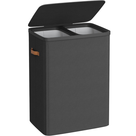 Cosuri de rufe - SONGMICS Cos rufe cu 2 compartimente si capac, saci detasabili cu maner, 170 litri, 56x40x75 cm, negru
