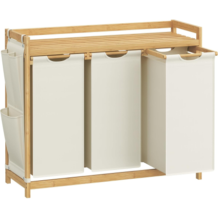 Baie - Cos rufe cu 3 compartimente si raft superior din bambus, 3 x 50 litri, saci detasabili, 94x33x78 cm, maro natur