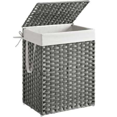 Baie - SONGMICS Cos rufe cu capac, ratan sintetic si sac detasabil, 90 L, 46x33x60 cm, gri