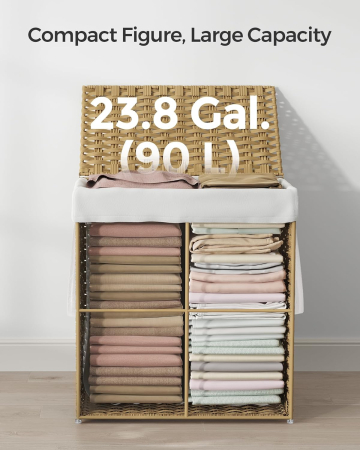 SONGMICS Cos rufe cu capac, ratan sintetic si sac detasabil, 90 L, 46x33x60 cm, natur [3]