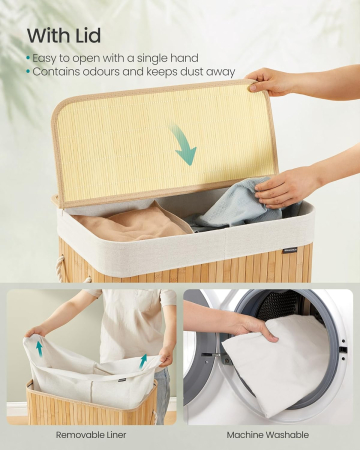 Cos rufe din bambus cu 2 compartimente, sac detasabil, 100 litri, 52x32x61 cm, maro natur [5]