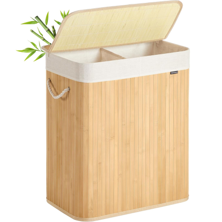 Cosuri de rufe - Cos rufe din bambus cu 2 compartimente, sac detasabil, 100 litri, 52x32x61 cm, maro natur