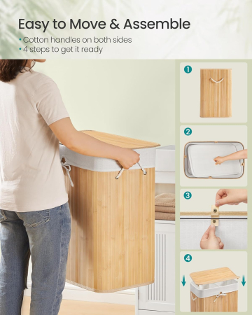 Cos rufe din bambus cu 2 compartimente, sac detasabil, 100 litri, 52x32x61 cm, maro natur [2]