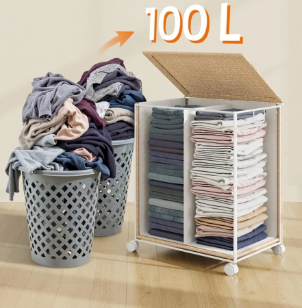 Cos rufe din tesatura tip ratan, 100L cu 2 compartimente si roti, 47x38x65 cm, bej natur [3]