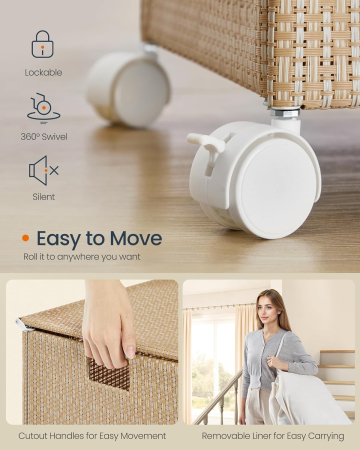 Cos rufe din tesatura tip ratan, 140L cu 3 compartimente si roti, 66x38x65 cm, bej natur [5]