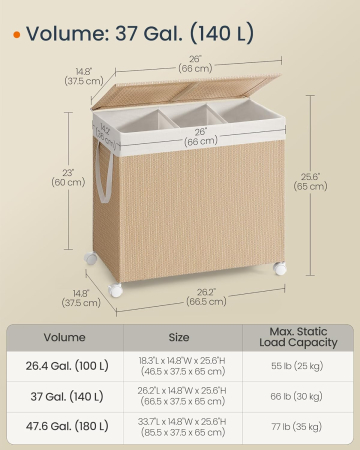 Cos rufe din tesatura tip ratan, 140L cu 3 compartimente si roti, 66x38x65 cm, bej natur [2]