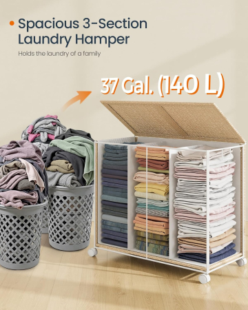 Cos rufe din tesatura tip ratan, 140L cu 3 compartimente si roti, 66x38x65 cm, bej natur [1]