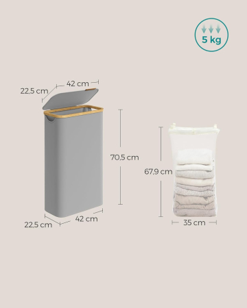 Cos rufe slim pentru spatii inguste, sac detasabil, 65 litri, 42x23x71 cm, gri [1]
