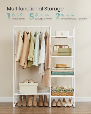 SONGMICS Cuier cu 5 rafturi si bara pentru haine, structura metalica, stil industrial, 40x102x153 cm, alb [3]