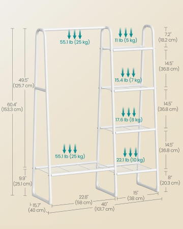 SONGMICS Cuier cu 5 rafturi si bara pentru haine, structura metalica, stil industrial, 40x102x153 cm, alb [5]