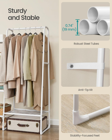 SONGMICS Cuier cu 5 rafturi si bara pentru haine, structura metalica, stil industrial, 40x102x153 cm, alb [4]