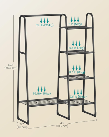 Cuier cu 5 rafturi si bara pentru haine, structura metalica, stil industrial, 40x102x153 cm, negru [1]