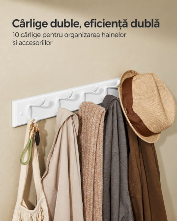 Cuier de perete cu 5 carlige duble si 10 puncte de agatare pentru haine, genti, palarii si prosoape, design compact pentru economisirea spati [3]