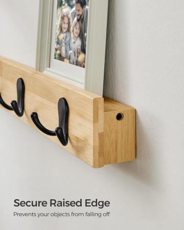 SONGMICS Cuier de perete pentru hol sau baie, 5 carlige duble, 5x70x7 cm, maro natural [4]