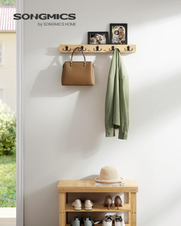 SONGMICS Cuier de perete pentru hol sau baie, 5 carlige duble, 5x70x7 cm, maro natural [1]