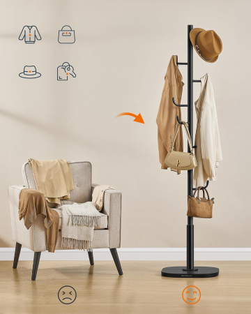 Cuier de podea, cu 8 carlige rezistente, pentru haine, palarii si genti, 175 cm, negru [4]