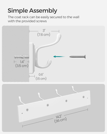 SONGMICS Cuier perete cu 4 carlige duble metalice, MDF, montaj pe perete, 40x8 cm, alb [6]