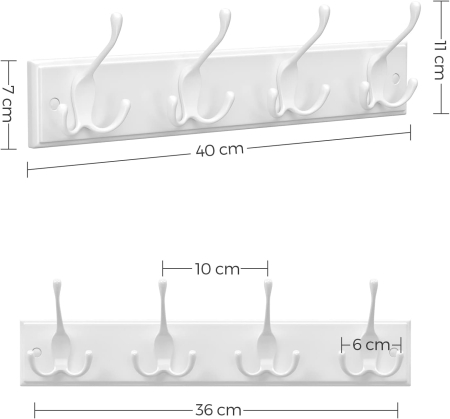 Cuier perete cu 4 carlige triple, MDF si aliaj zinc, 40x11 cm, alb [1]