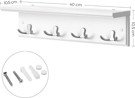 Cuier perete cu raft, 4 carlige duble metalice, MDF, 42x11x15 cm, alb [1]