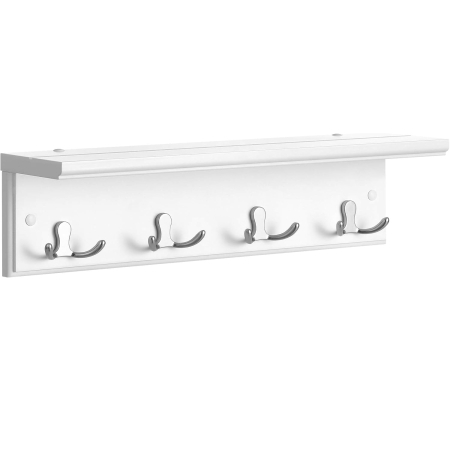 Living & hol - Cuier perete cu raft, 4 carlige duble metalice, MDF, 42x11x15 cm, alb