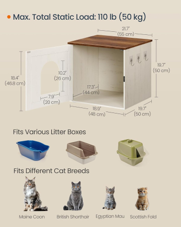 Cusca pentru pisici tip mobilier, mascare litiera, cu usi model hambar, MDF, 55x50x50 cm, alb rustic [3]