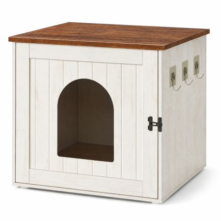 Pet Shop - Cusca pentru pisici tip mobilier, mascare litiera, cu usi model hambar, MDF, 55x50x50 cm, alb rustic