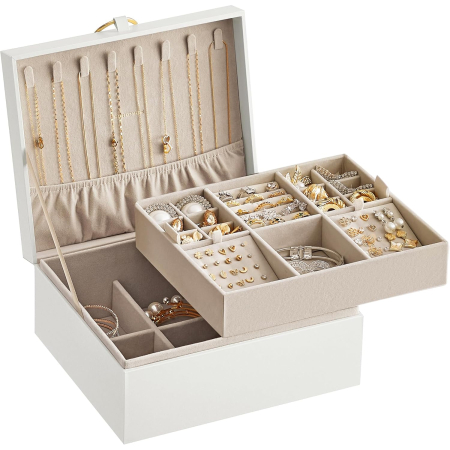 Accesorii baie - Cutie bijuterii 2 niveluri cu tava detasabila, compartimentata, MDF si catifea, 24x21x11 cm, alb